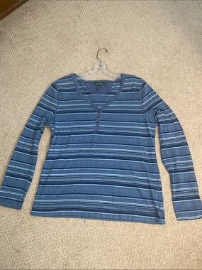 LRL Lauren Jeans Co Striped Navy and Light Blue Henley Top, size L